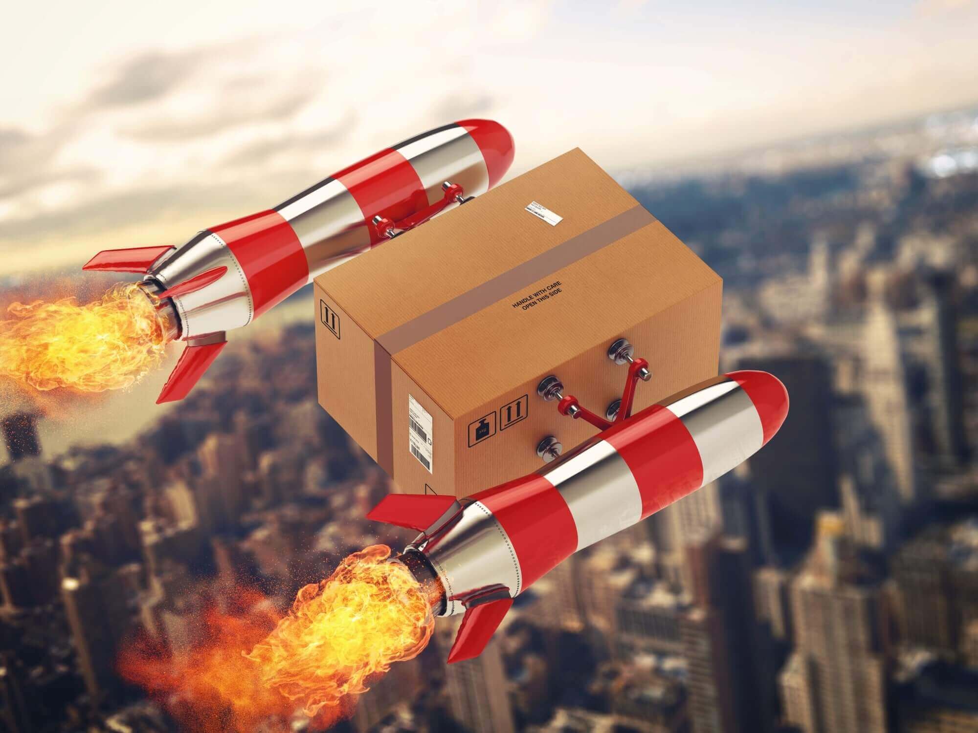 illustration of a cardboard package attached to two rockets that carry it flying through the city sky