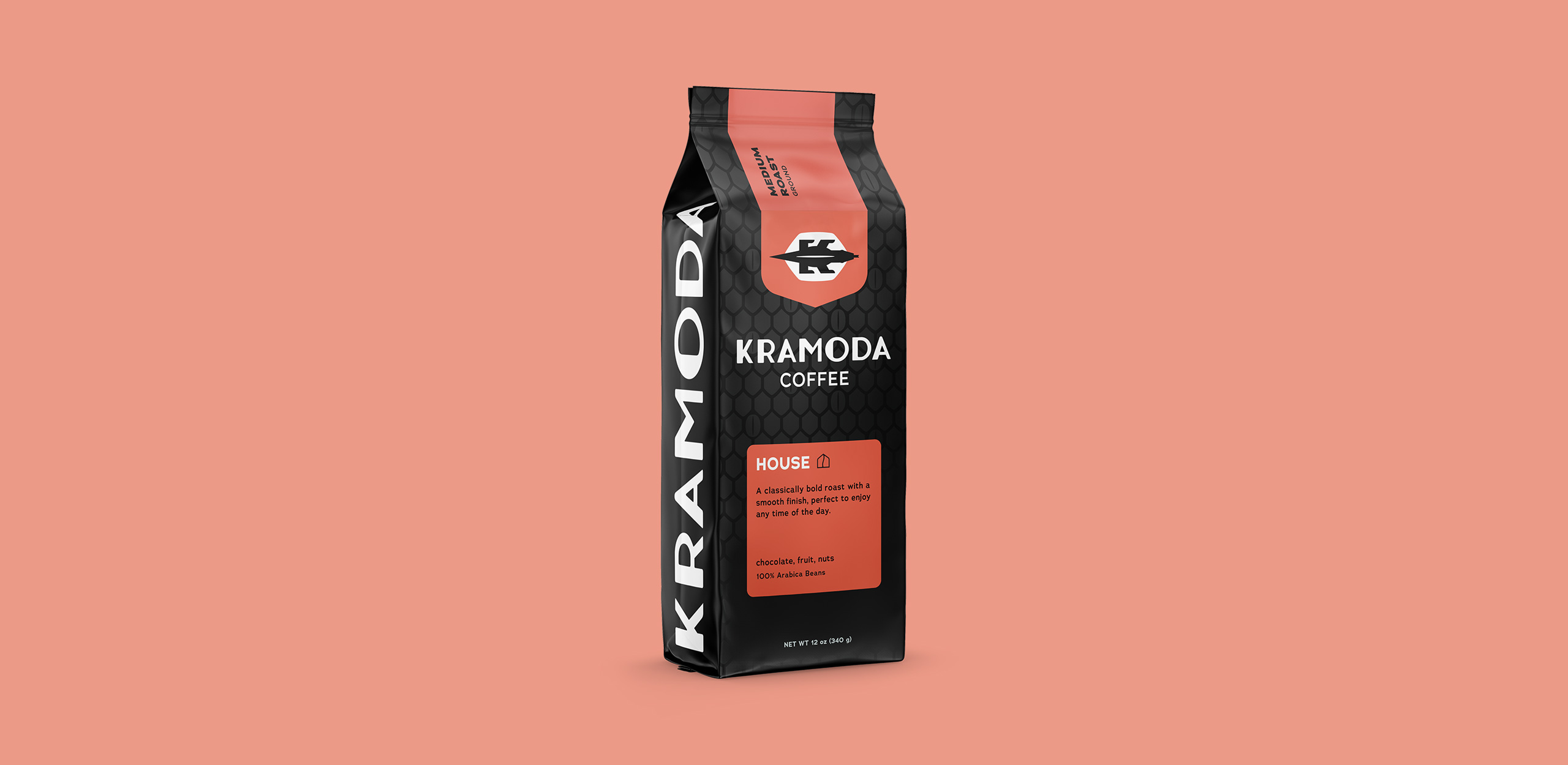 package of kramoda brand gourmet coffee on a skin color background