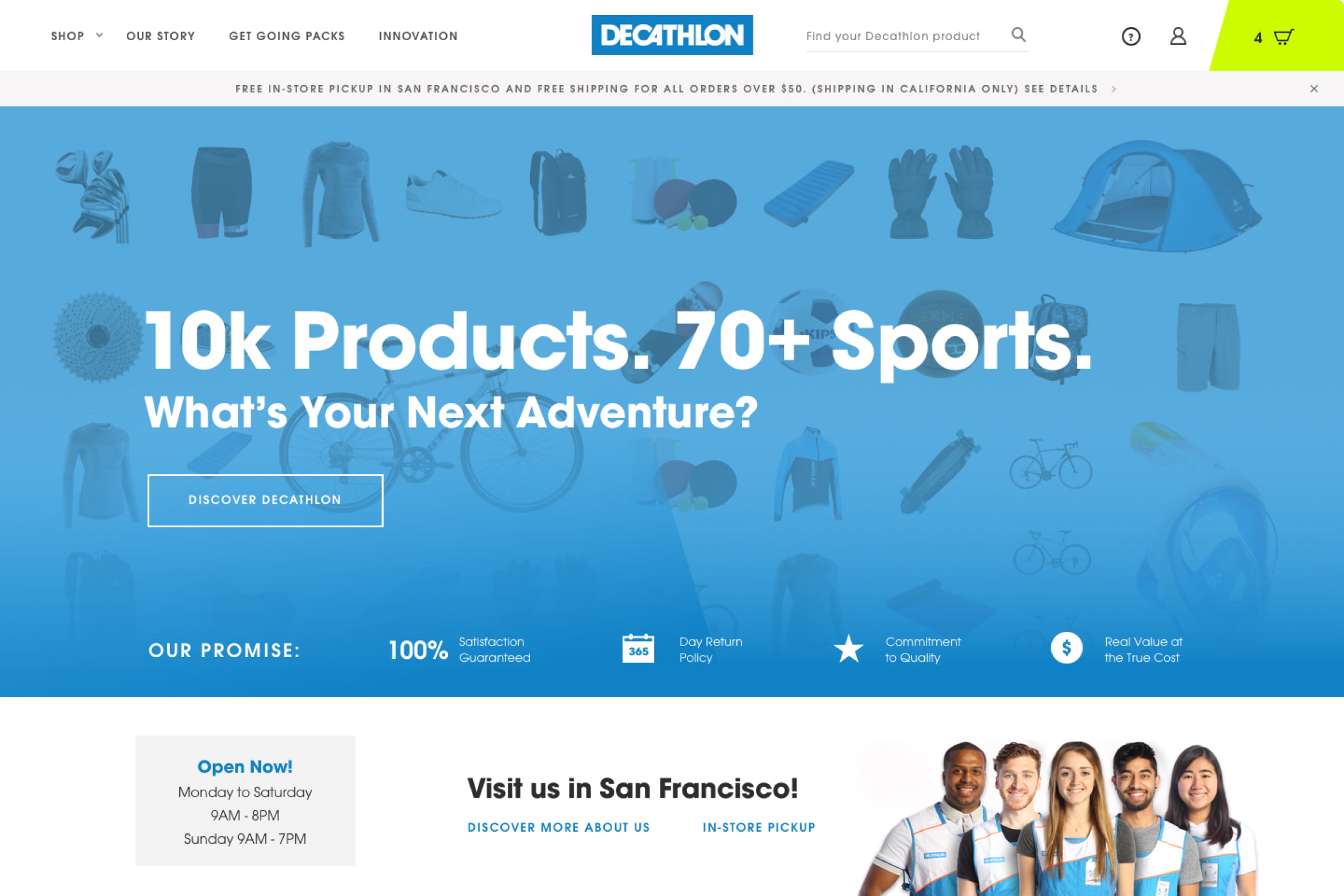 promotion of sports products and accessories. people dressed in the Decathlon company uniform