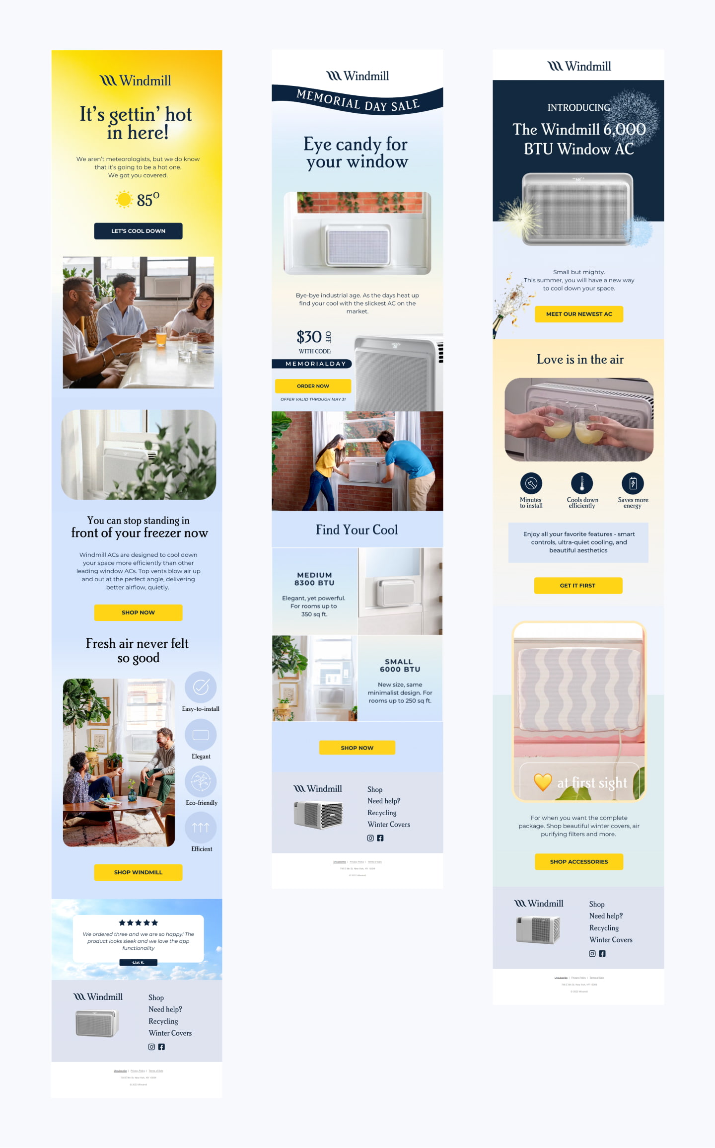 three advertising strips for Wildmill air conditioners with prices, promotions and images of people using the AC