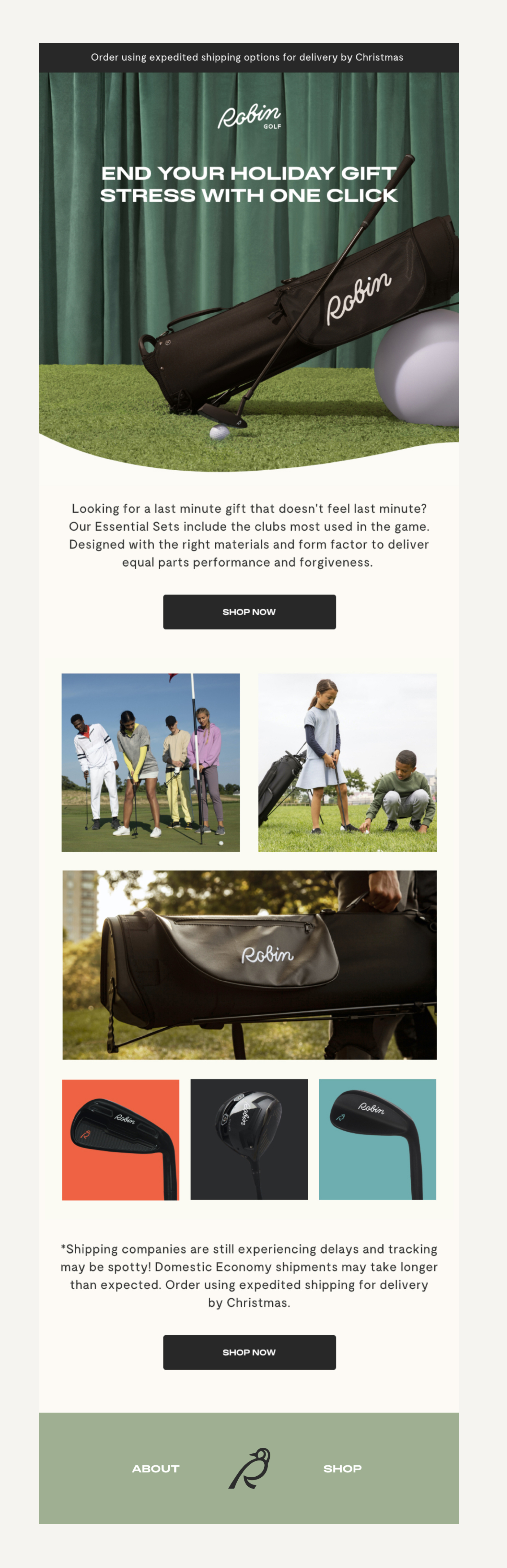 robin golf brand golf club holder and people both adults and children using the golf clubs