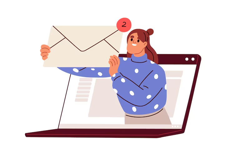 Woman excitedly showing two new emails, preparing for BFCM 2025.
