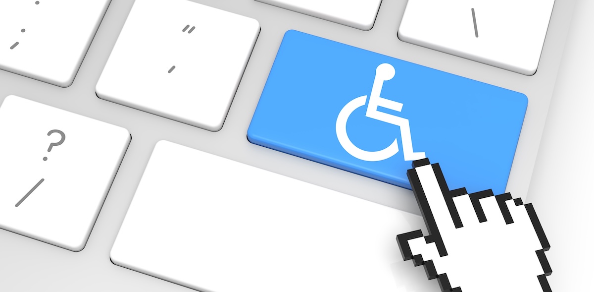 Cursor clicking a blue button with a wheelchair accessibility symbol. Improving online POS experience.