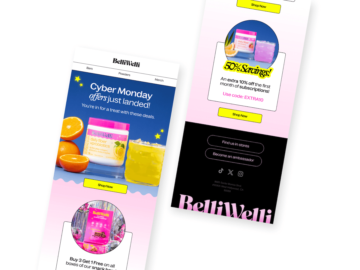 BelliWelli Cyber Monday ad with discounts and free items