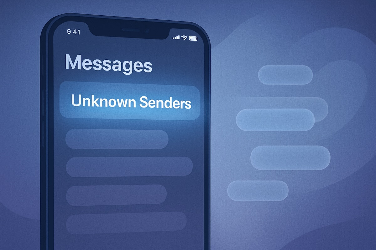 iPhone screen showing "Messages" and "Unknown Senders" iOS 26 SMS marketing implications.