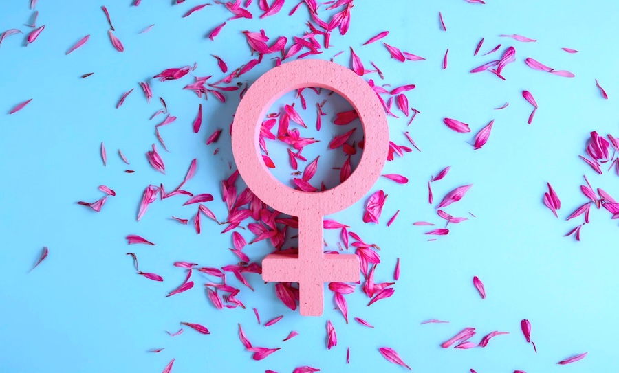 Pink Venus symbol surrounded by fallen pink flower petals on a blue background, representing women's day or feminism