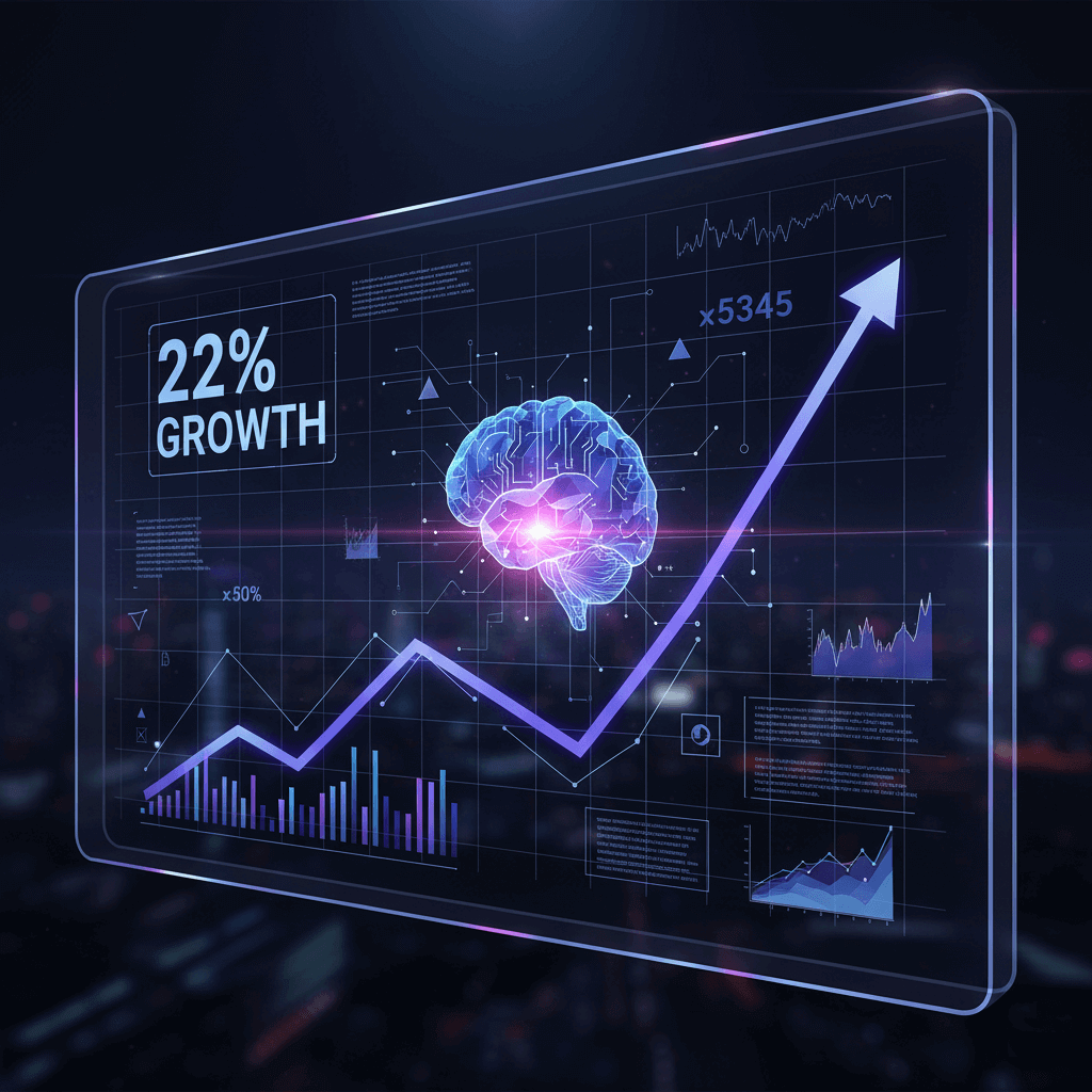 AI-driven growth: Screen displays 22% growth with a brain graphic and upward trending arrow. width=