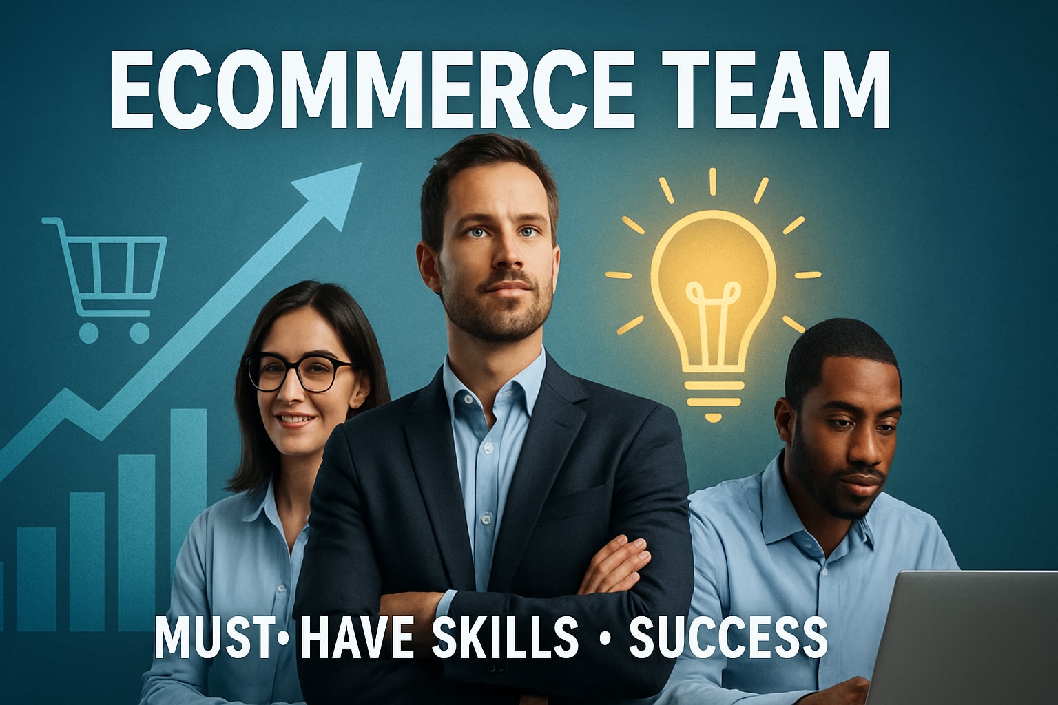Ecommerce team with skills and success. Business professionals with growth chart and lightbulb icon.