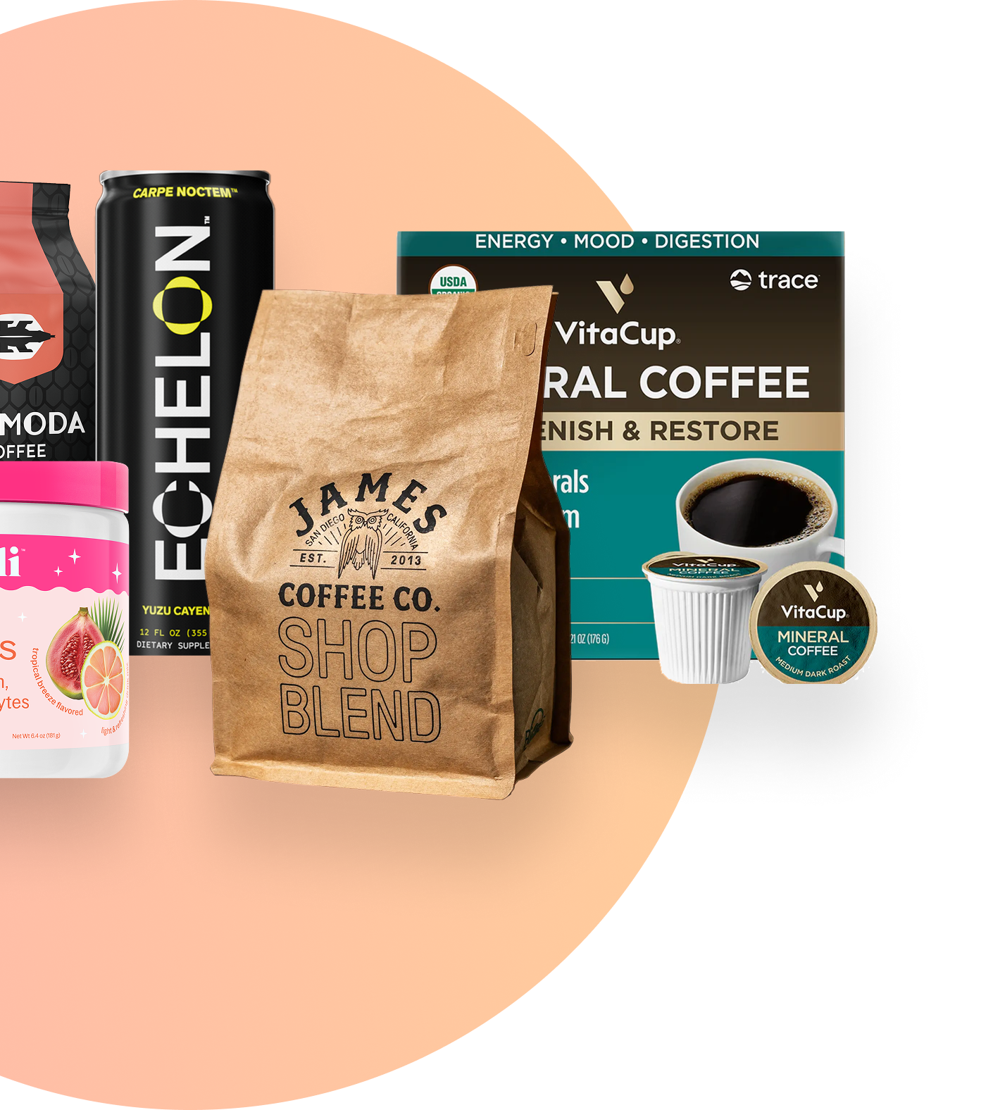 Variety of coffee and energy drinks: VitaCup Mineral Coffee, James Coffee Co. Shop Blend, and Echelon energy drink.