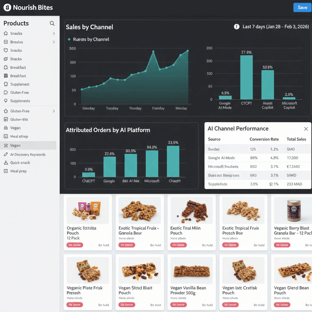 Sales performance dashboard showing AI shopping channels, product details, and sales by channel.