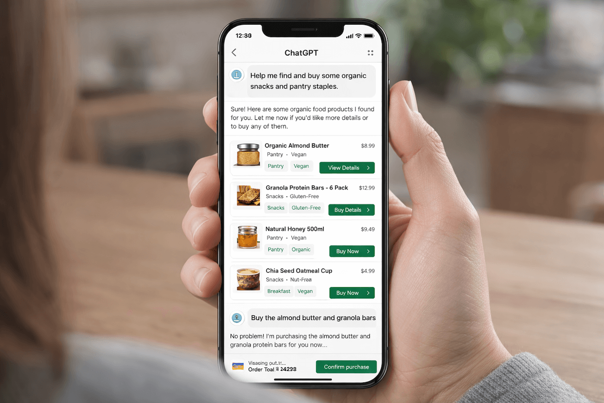 ChatGPT interface showing organic food product options for purchase, including almond butter and granola bars.