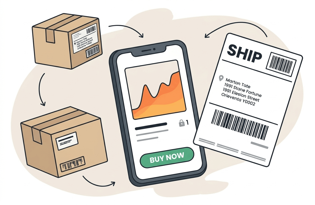 eCommerce order process: Phone displaying product chart, "Buy Now" button, shipping label, and boxes.