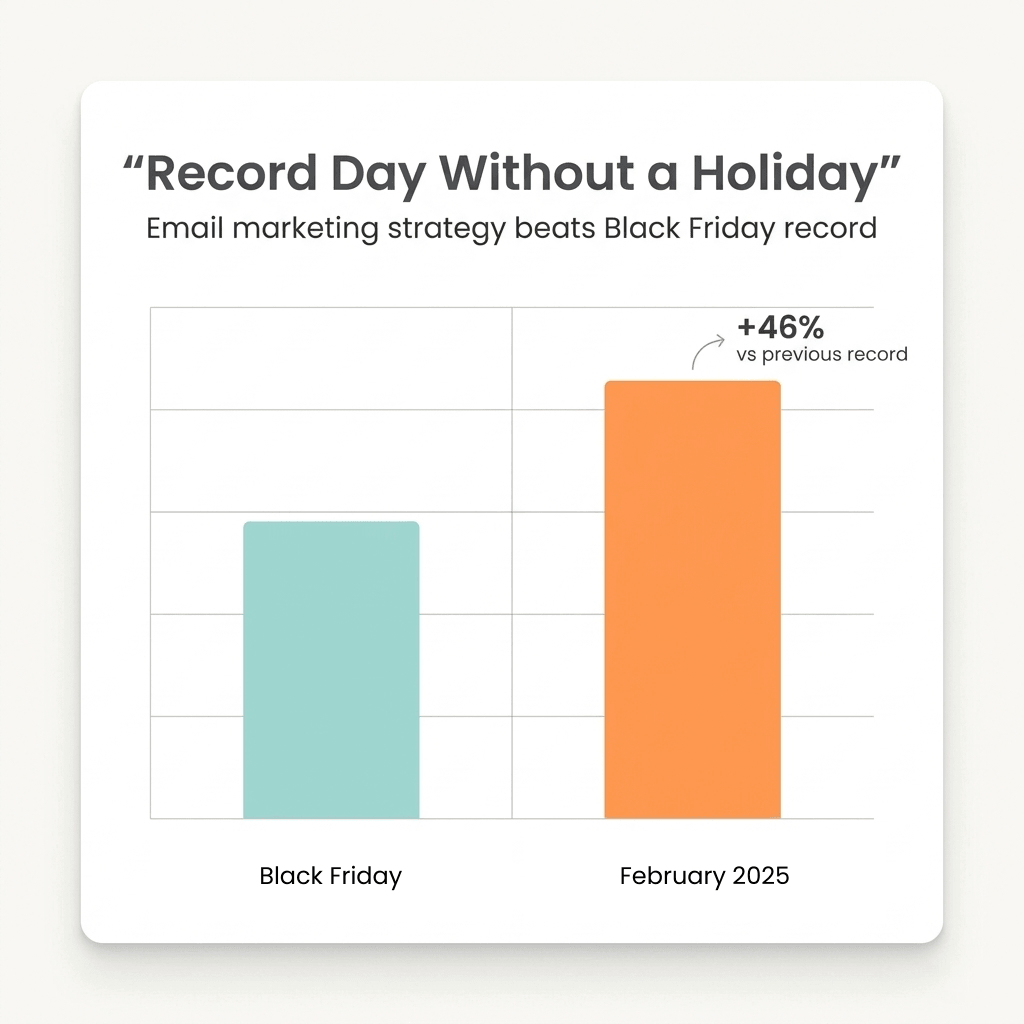 Bar graph showing February 2025 beating Black Friday sales by 46%. eCommerce marketing strategy success.