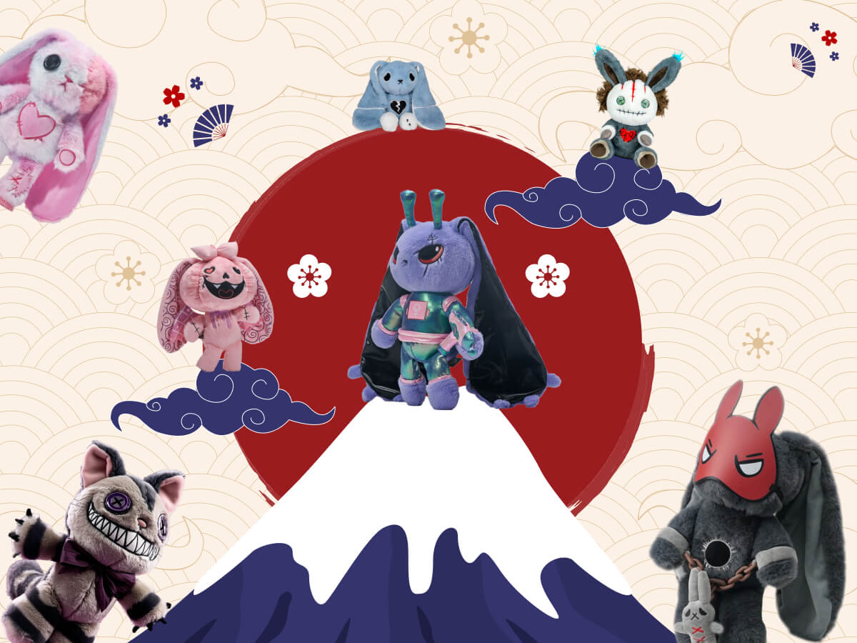 Plushie Dreadfuls plush toys on a Shopify international storefront-themed background.