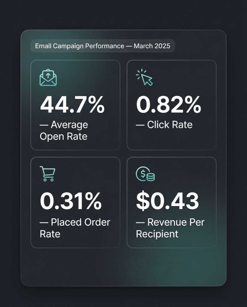 Email marketing performance metrics: 44.7% open rate, 0.82% click rate, 0.31% placed order rate, $0.43 revenue per recipient.