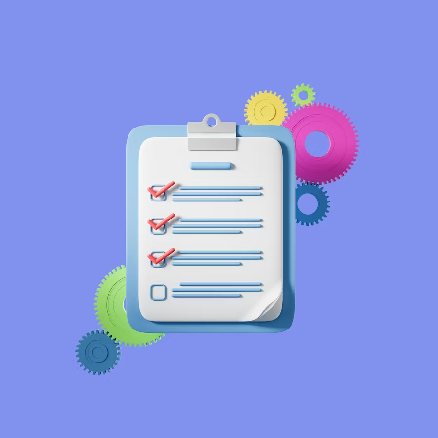 Checklist with red checkmarks and gears, symbolizing project management in Shopify migration.