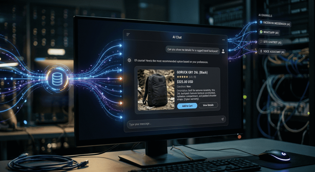 AI chat recommending a GORUCK backpack on a Shopify store AI tools dashboard
