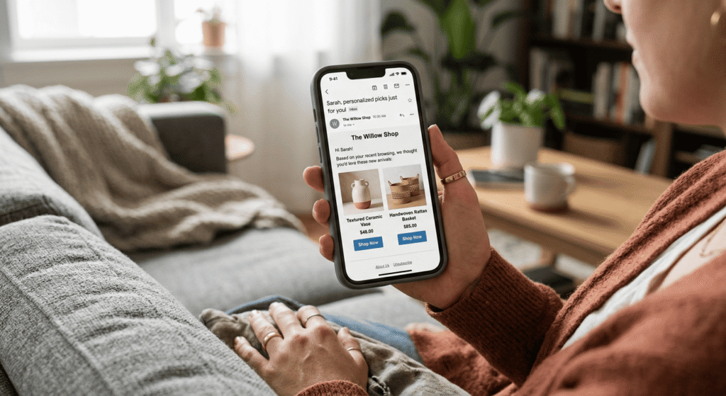 Woman uses AI-powered Shopify store app on iPhone for personalized picks.