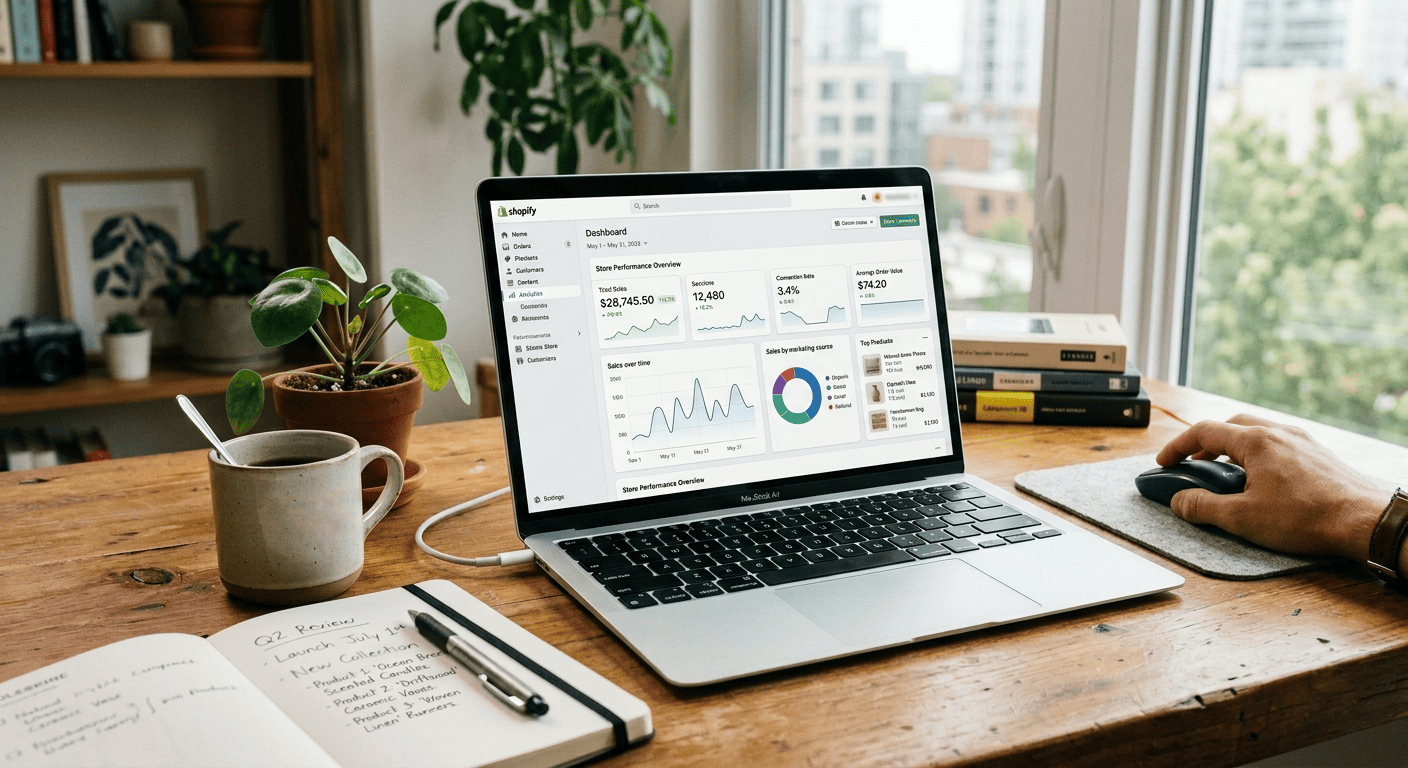Shopify dashboard on a laptop with AI tools and analytics for e-commerce success.