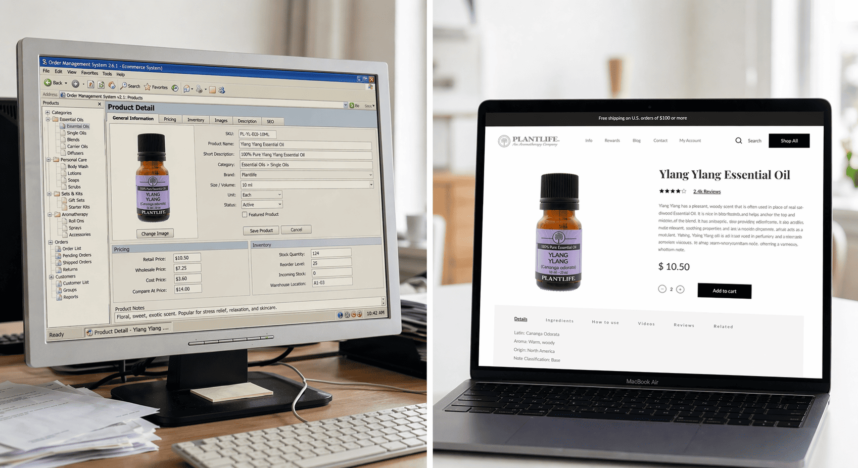 Comparison of Shopify migration: desktop order management vs. laptop e-commerce product page