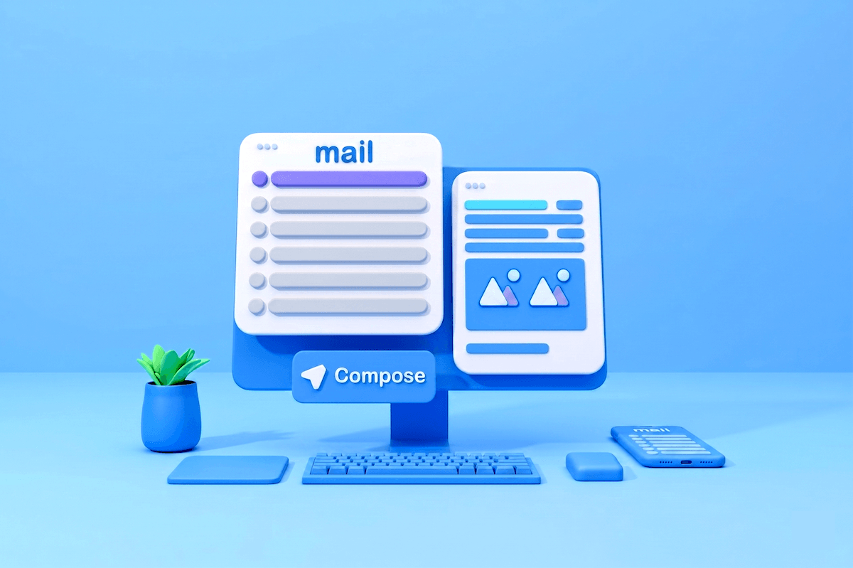 3D render of a computer screen displaying email interface with "mail" and "Compose" buttons, symbolizing Klaviyo email flows.