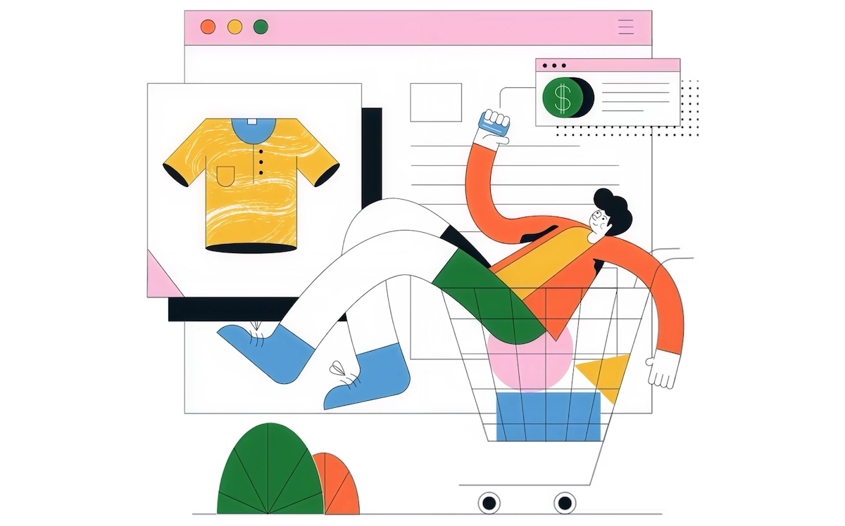 Illustration of online shopping with a person in a shopping cart with a shirt displayed