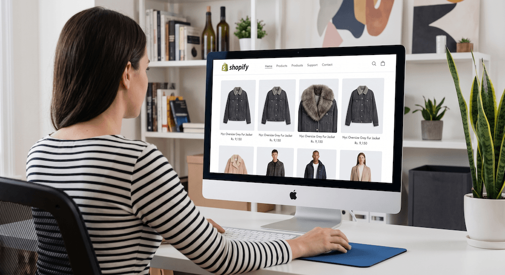 Woman using computer to browse Shopify store, potentially for Klaviyo integration