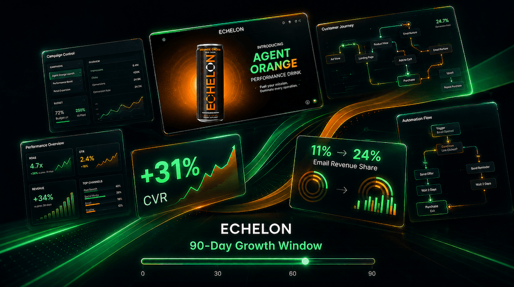 Echelon 90-day growth window dashboard showing campaign performance and customer journey