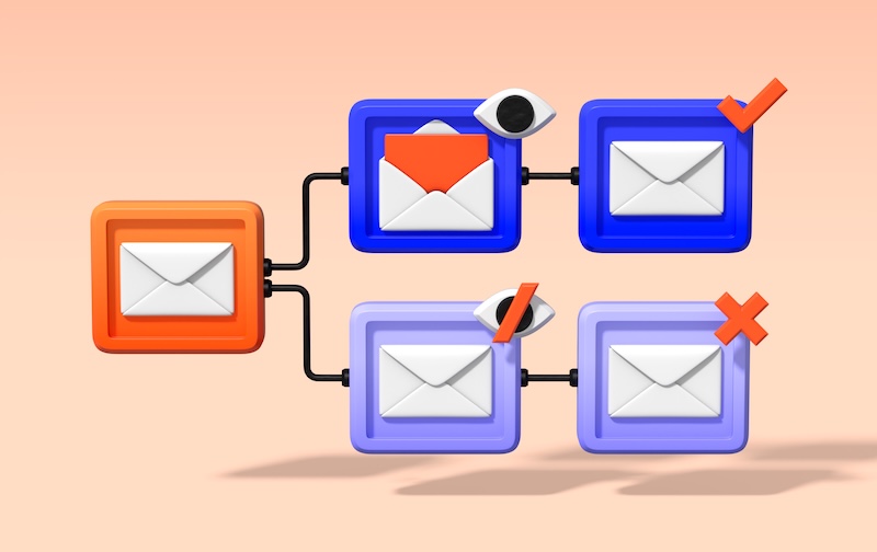 Klaviyo email flow diagram: initial email branches to viewed/unopened and processed/closed paths.