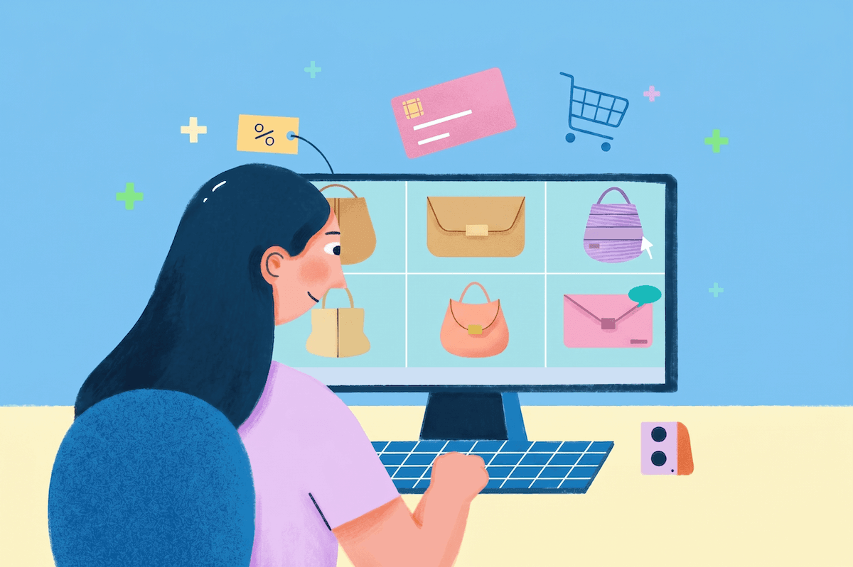 Woman shopping online for handbags on a computer screen with icons of discounts