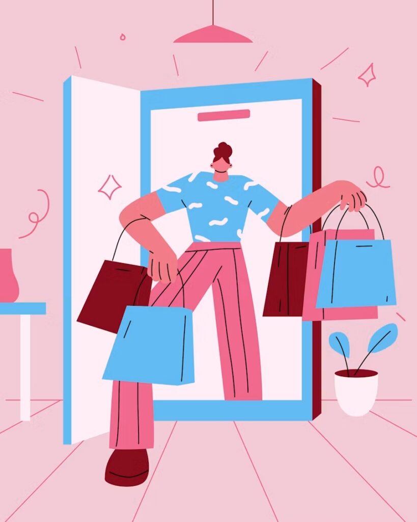Woman emerging from a phone screen with shopping bags, symbolizing online shopping growth.