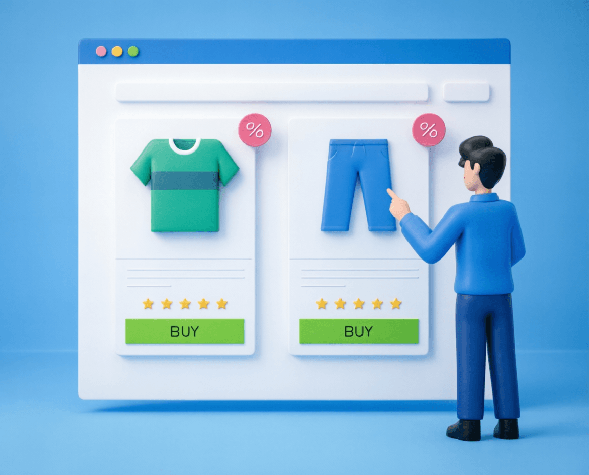 Man pointing to a Shopify product page with a green shirt and blue pants on sale