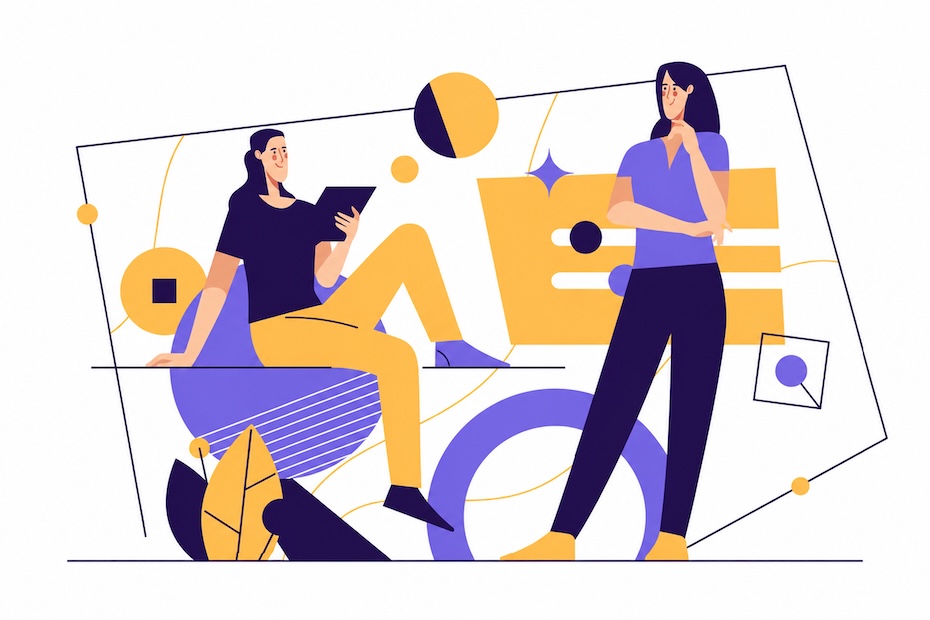 Illustration of two women with one sitting reading and the other standing, both using devices, with "shopify" in the background