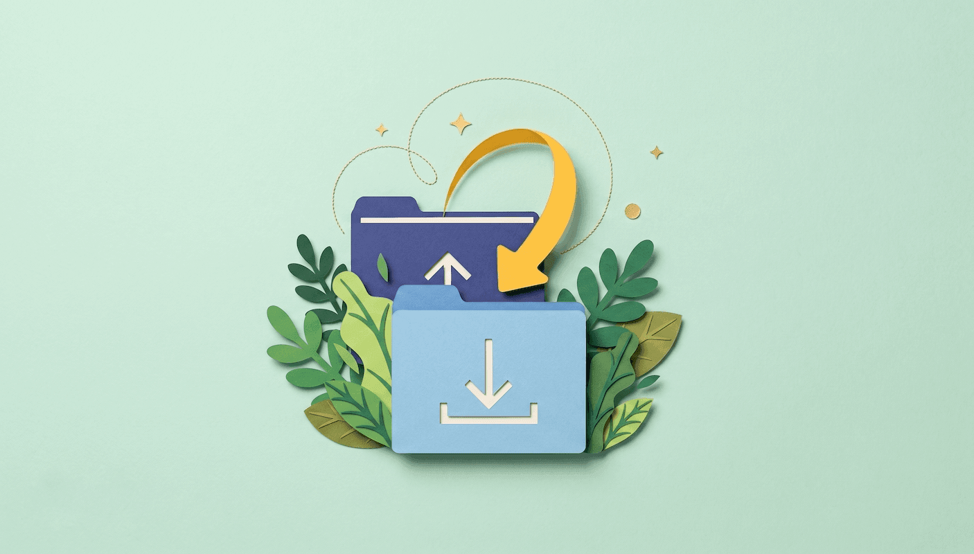 Shopify AI migration concept: folders with upload/download icons and green leaves