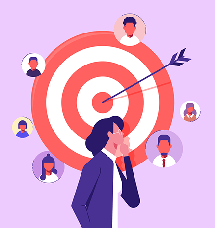 Woman strategizing customer targeting with a bullseye and diverse customer icons.